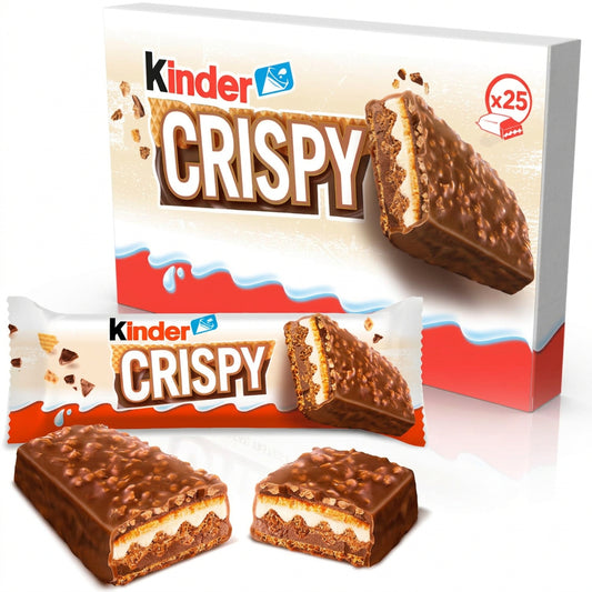 Kinder Crispy -  Wafer Croccanti di Cioccolato al Latte con Granella di Biscotto e Doppio Ripieno al Latte - 25 pz