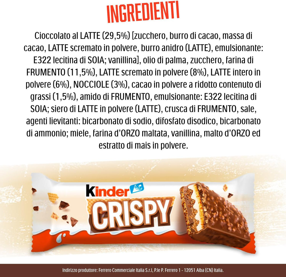 Kinder Crispy -  Wafer Croccanti di Cioccolato al Latte con Granella di Biscotto e Doppio Ripieno al Latte - 25 pz