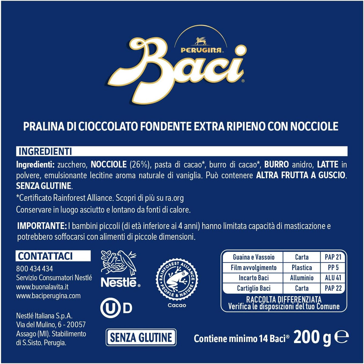 BACI PERUGINA Classico Cioccolatini Fondenti 200g - Scatola 16
